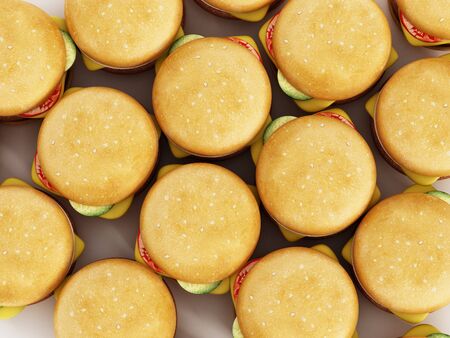 Stack of standard sized hamburgers background. 3D illustration.の写真素材