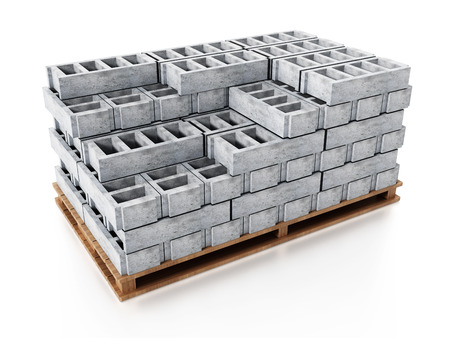 Stack of gray construction bricks standing on wooden base. 3D illustration.の写真素材