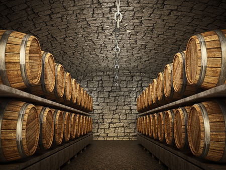 Stocked wine barrels across two sides of corridorof a wine cellar. 3D illustrationの写真素材