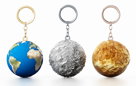 3D Earth, Moon and Mars connected to keychain. 3D illustration.の写真素材
