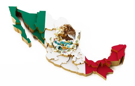 Mexico map with national flag texture showing state boarders. 3D illustration.の写真素材