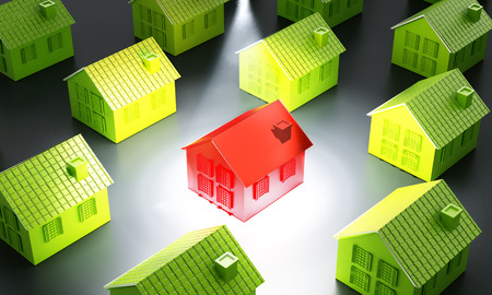 Red house standing out from the crowd. 3D illustration.の写真素材