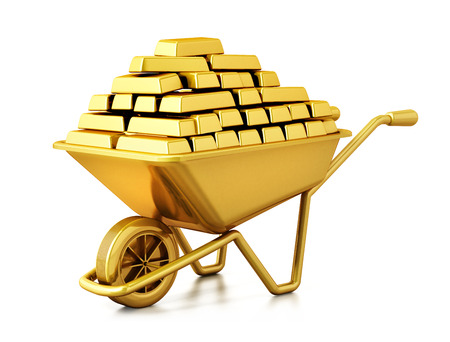 Wheelbarrow full of gold isolated on white background. 3D illustration.の写真素材