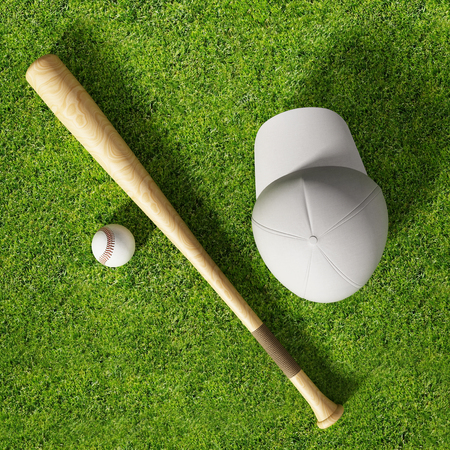 Baseball cap, ball and bat standing on grass field. 3D illustration.の写真素材
