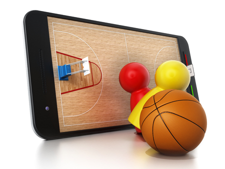 Basketball court, hoops and players standing on smartphone. 3D illustration.の写真素材