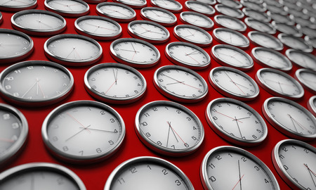 Modern wall clocks showing different time zones of world cities. 3D illustration.の写真素材