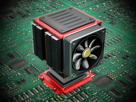 Computer fan and heatsink on CPU. 3D illustration.の写真素材