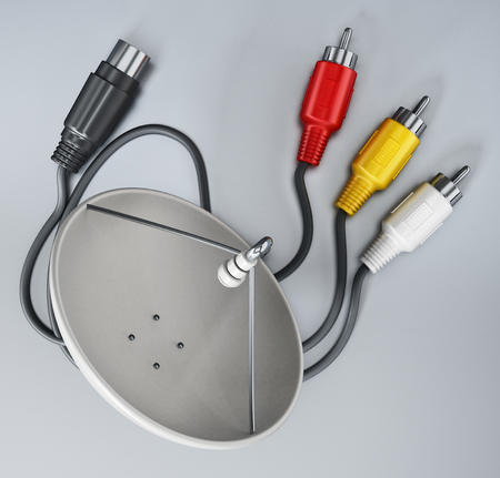 Satellite dish and S-video cables isolated on white background. 3D illustration.の写真素材