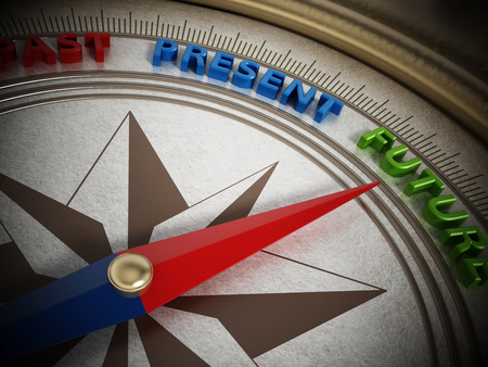 Compass needle pointing future among past and present. 3D illustration.の写真素材