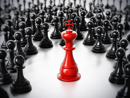Red chess king standing among white pawns. 3D illustration.の写真素材