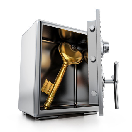 Gold key with heart shape inside steel safe. 3D illustration.の写真素材