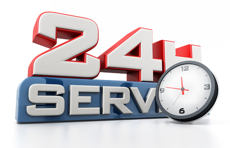 24 hours open text and clock isolated on white background. 3D illustration.の写真素材