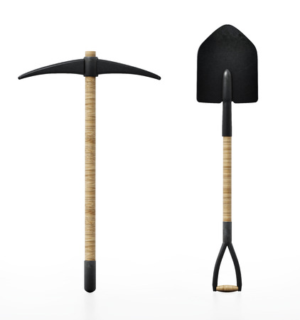Shovel and pick axe isolated on white background. 3D illustration.の写真素材