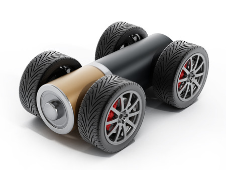 Wheels and tires connected to AA battery. 3D illustration.の写真素材