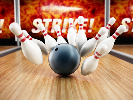 Bowling strike concept with rolling ball and pins. 3D illustration.の写真素材