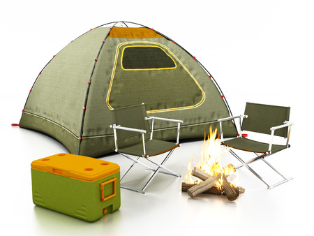 Camping tent, seats, fire and cooler isolated on white background. 3D illustration.の写真素材