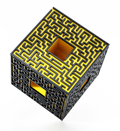 3D cube with labyrinth walls on the sides. 3D illustration.の写真素材