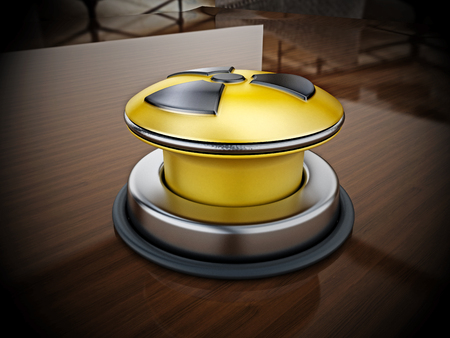 Nuclear launch button on reflective wooden table.. 3D illustration.の写真素材