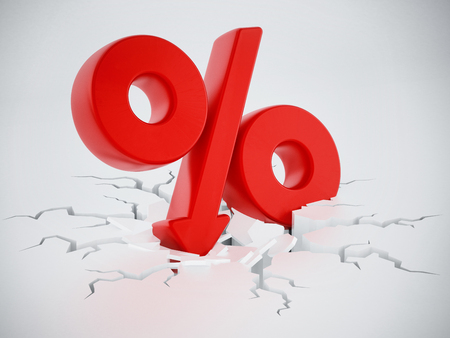 Percentage symbol with arrow on cracked ground. 3D illustration.の写真素材