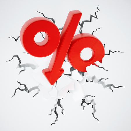 Percentage symbol with arrow on cracked ground. 3D illustration.の写真素材