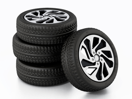 Low profile sport tyre and rims isolated on white background. 3D illustration.の写真素材