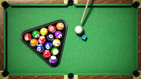 Billiard balls, triangle, chalk and cue on pool table. 3D illustration.
