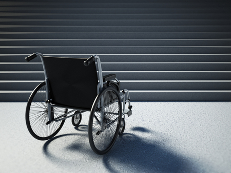 Empty wheelchair standing in front of steep staircase. 3D illustration.の写真素材