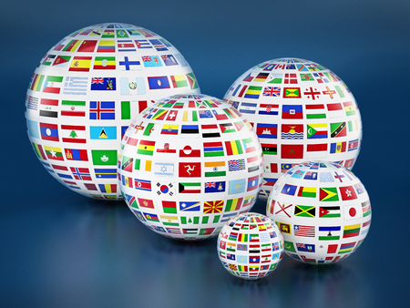 Country flags around the globes on blue background. 3D illustration.の写真素材