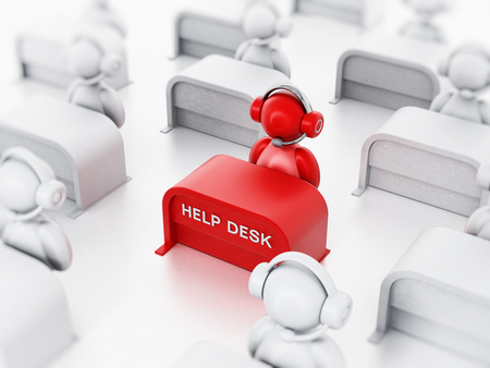 Customer representative with headset sitting on the help desk. 3D illustration.の写真素材