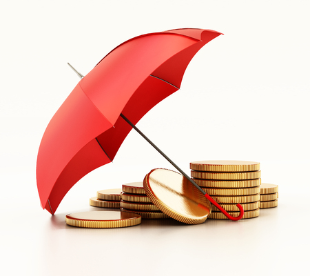 Red umbrella protecting gold coins. 3D illustration.の写真素材