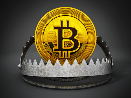 Gold digital coin in ready bear trap. 3D illustration.の写真素材