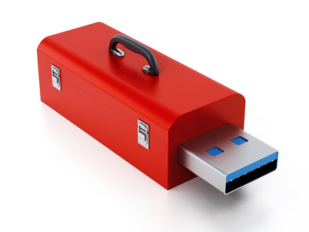 Red toolbox with usb 3.0 plug isolated on white background. 3D illustrationの写真素材