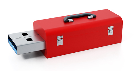 Red toolbox with usb 3.0 plug isolated on white background. 3D illustrationの写真素材
