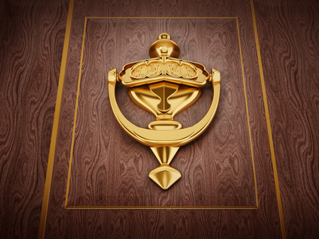 Golden door knocker on wooden door. 3D illustration.