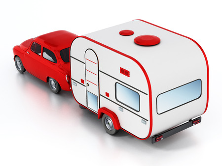 Red vintage car with caravan. Isolated on white background. 3D illustration.の写真素材