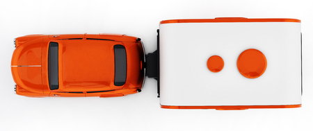 Orange vintage car with caravan. Isolated on white background. 3D illustration.の写真素材