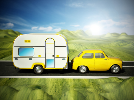 Yellow vintage car on the road with caravan. 3D illustration.の写真素材