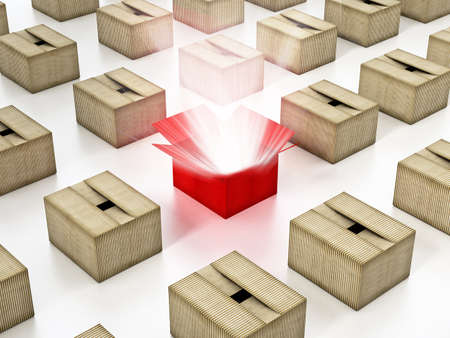 Red cardboard box with glowing light ray standing out. 3D illustration.の写真素材