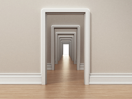 Hallway with many doors opening to each other. 3D illustration.の写真素材