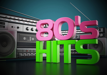 Vintage cassette player and 80's hits text. 3D illustration.の写真素材