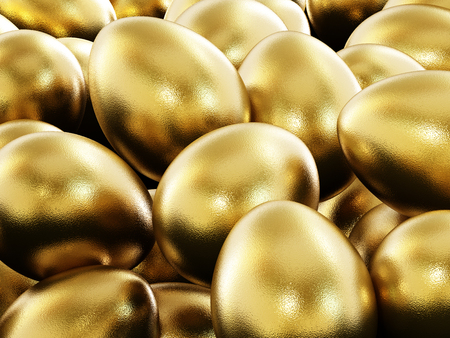 Stack of shiny golden eggs. 3D illustration.の写真素材