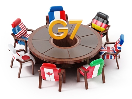 G7 flags standing around round table. 3D illustration.の写真素材