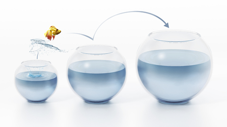 Fish jumping out of the bowl. 3D illustration.の写真素材