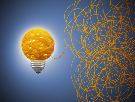 Tangled rope forming a lightbulb on blue background. 3D illustration.の写真素材
