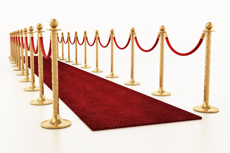 Velvet ropes and golden barriers along the red carpet. 3D illustration.の写真素材