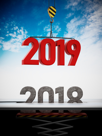 2019 number carried by crane replaces 2018. 3D illustration.の写真素材