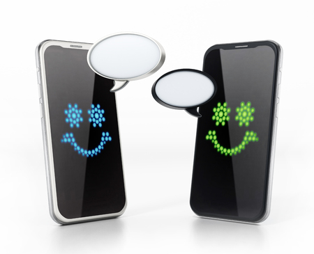 Smartphones communicating each other with blank speech balloons. 3D illustration.