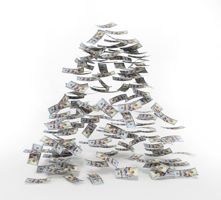 100 dollar bills falling to the ground. 3D illustration.の写真素材