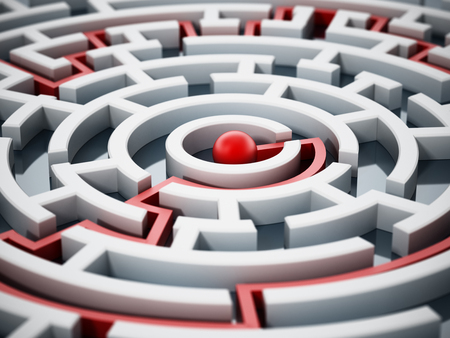 Red line leading to the center of the round maze. 3D illustration.の写真素材
