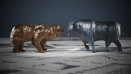 Bear and bull figures on economy newspaper pages. 3D illustration.の写真素材
